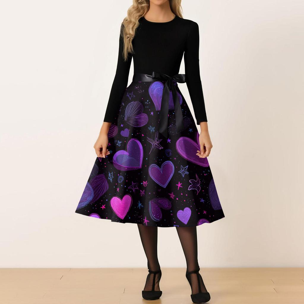 Women's Casual Fashion Round Neck Valentine's Day Printed Retro Dress