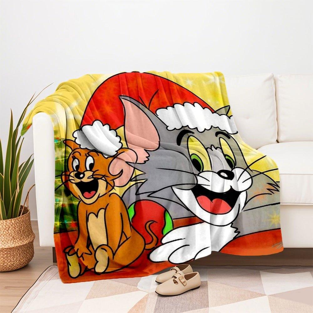 Tom & Jerry Sfondo per Telefono di NataleCoperta Plaid in Flanella per Divano, Letto, Viaggio, Campeggio, Ufficio