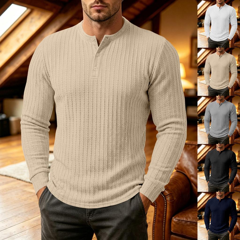 Herren Langarm Henley Shirt, Zopfmuster Gerippt Gestrickt Knopfleiste Lässig Rundhals Tägliches Herbst Winter Oberteil