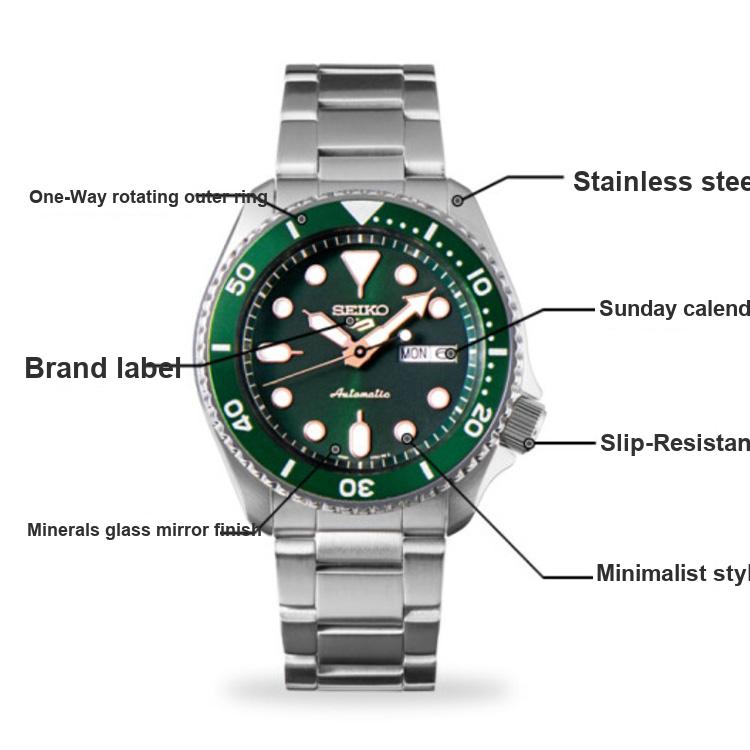 Seiko 5 Oriental Green Water Ghost Three Eye Dial Calendar Display Waterproof Mechanical Movement Stainless Steel Strap Men watches SRPD63K1