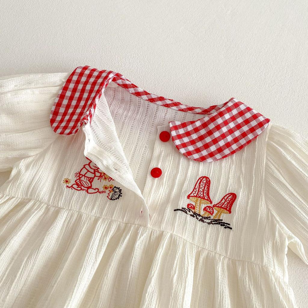 Baby Girls Summer Dress Plaid Bunny Embroidery Doll Collar Cute Toddler Dress