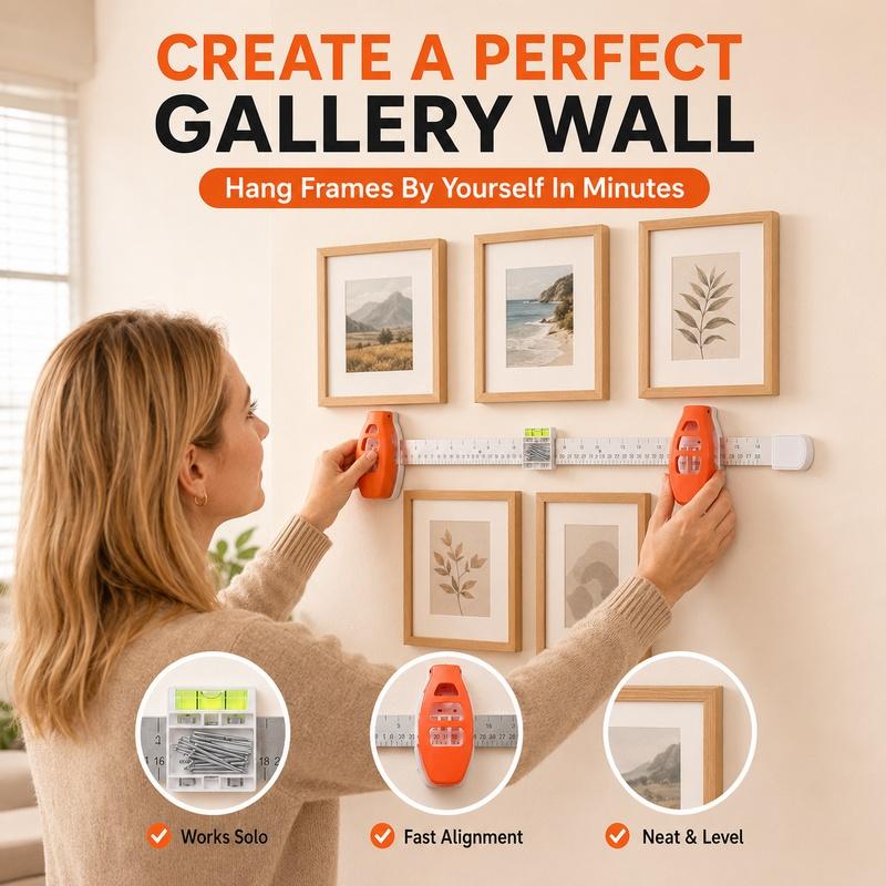 Picture Hanging Tool Level Ruler, Frame Hanger Nail Positioning Guide with Angle Measure for Wall Art Photos