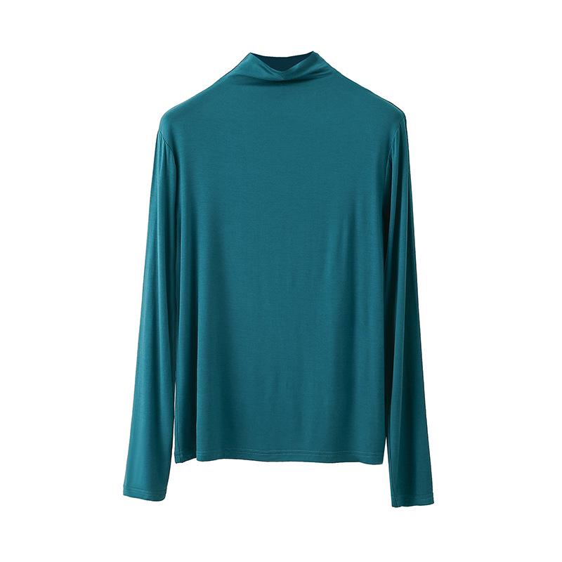 Women's Modal Black Semi-High Neck Slimming Long Sleeve T-Shirt for Autumn Winter Wear
