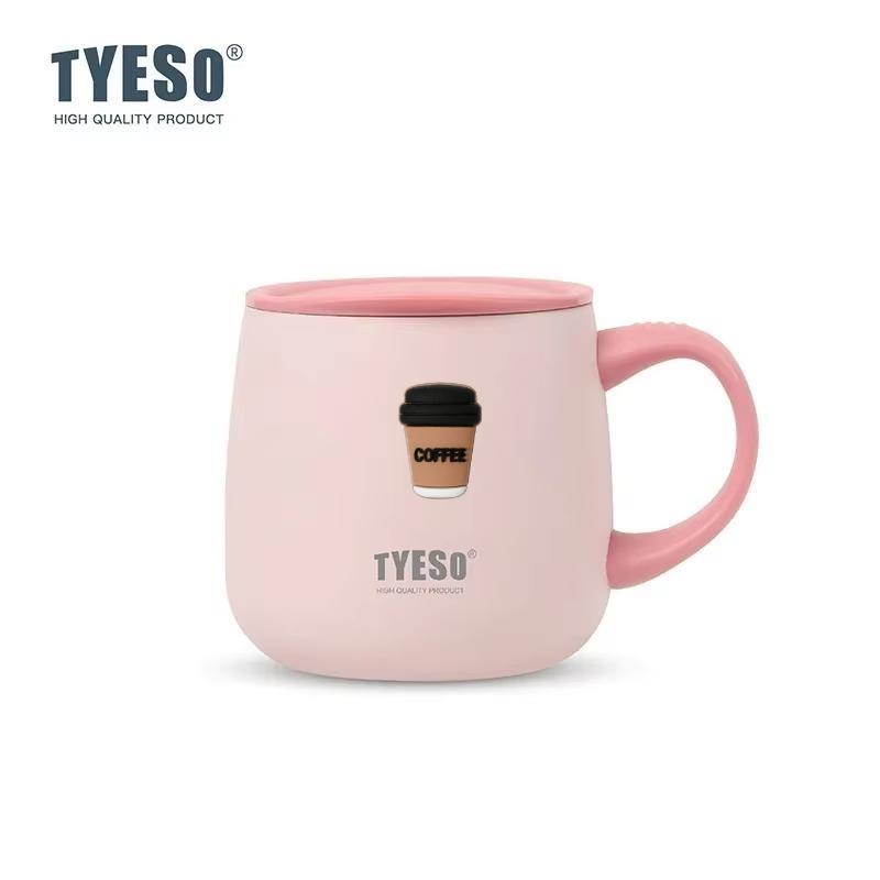 TYESO 355ml Double Wall Vacuum Insulated Mug with Ceramic Coating Inner One-Handed Open Lid Coffee Cup for Hot Cold Drinks with Coffee Sticker