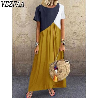 Abiti casual da donna, estivi e primaverili, con stampa a blocchi di colore, a maniche corte, con scollo a V e vita alta