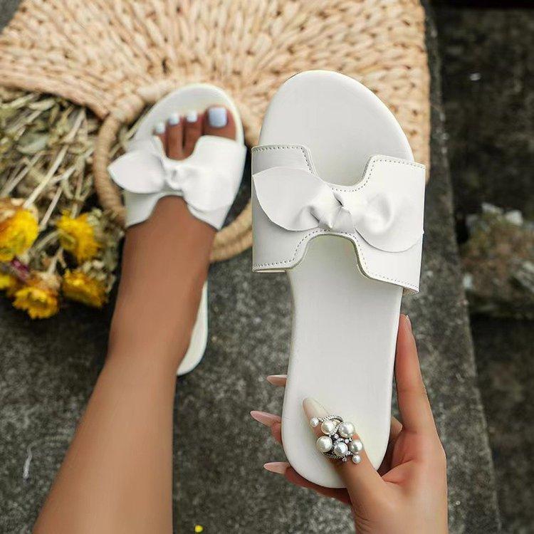 Damen Schleifenschuhe Neue Damen Freizeit Komfort Flache Sandalen Sommer Einfarbige Runde Spitze Rutschfeste Leichte Hausschuhe