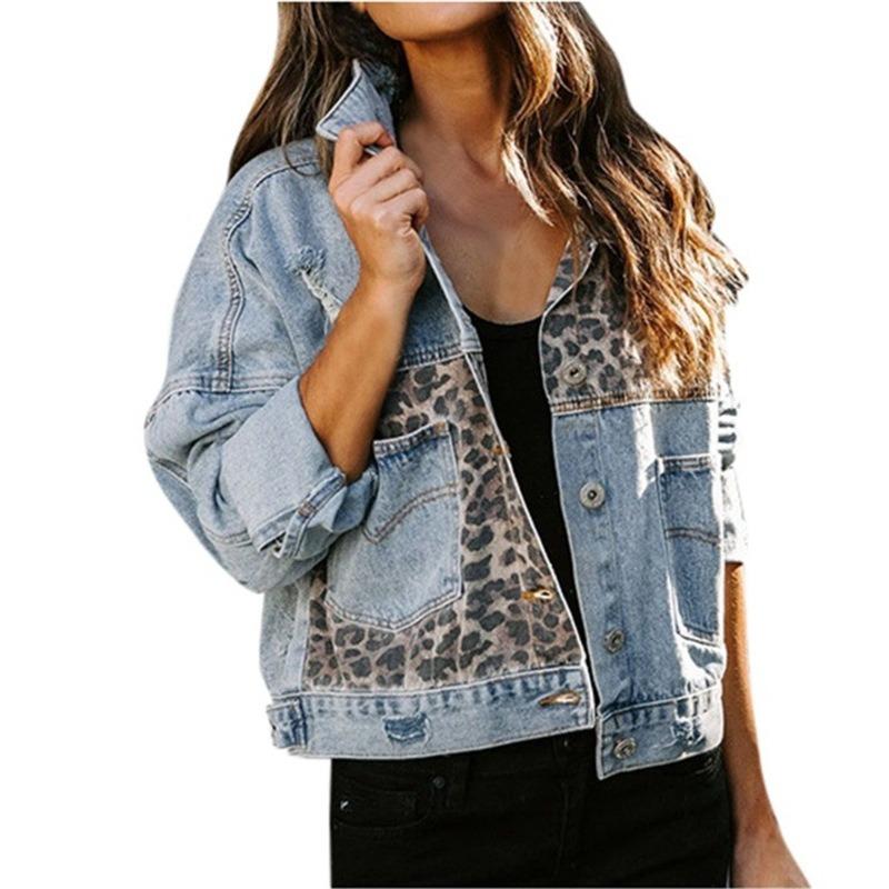 Autumn and Winter Denim Jacket Women's Long-sleeved Denim Jacket Jacket Leopard Print Patchwork