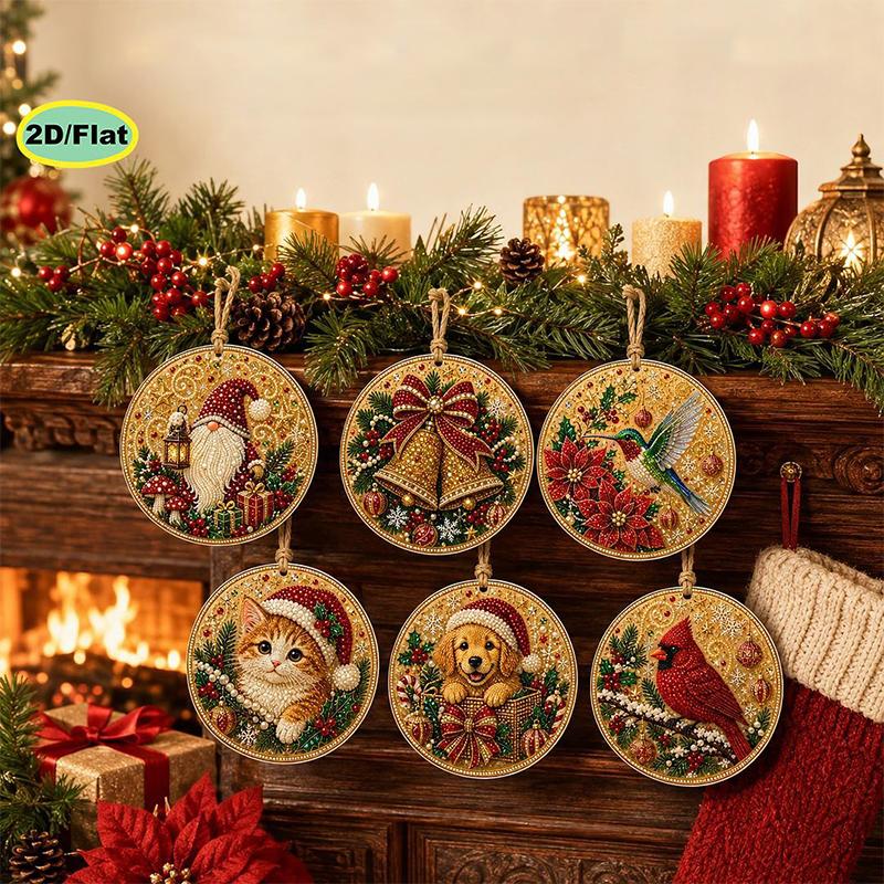 6pcs DIY Pearl Diamond Painting 2D Combination Set Animal Pattern Wooden Christmas Tree Pendant Holiday Party Artware Decoration
