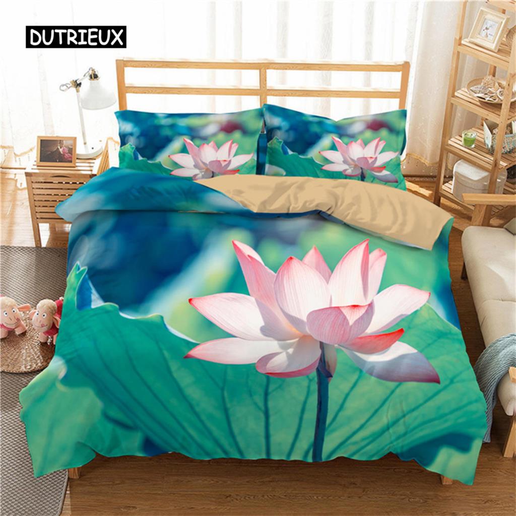 Lotus Floral Duvet Cover King Microfiber Water Hibiscus Bedding Set Flower Leaves Quilt Cover Nature Art Theme Bedspread Cover