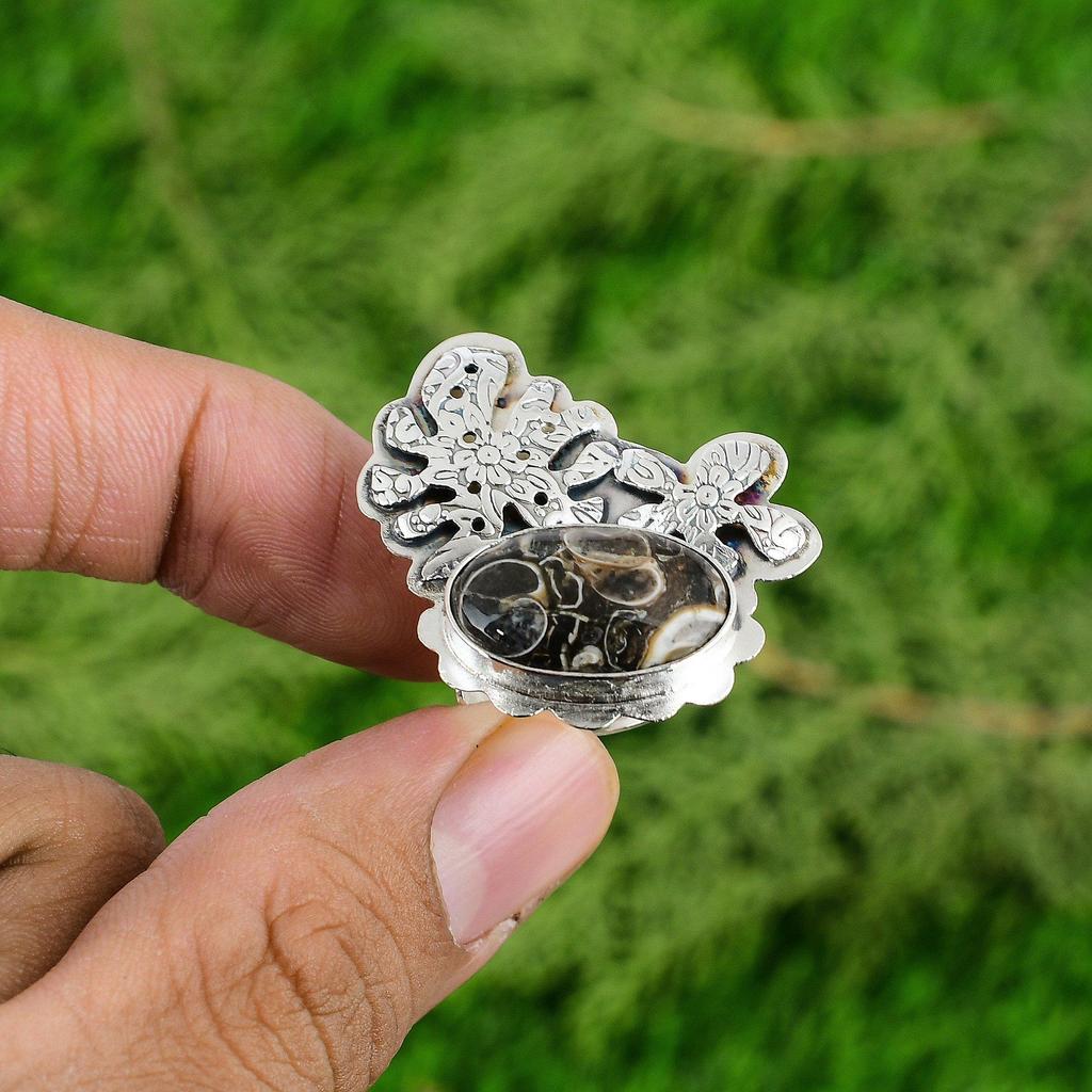 Gift For Her Natural Turritella Agate Statement Adjustable Ring 925 Silver