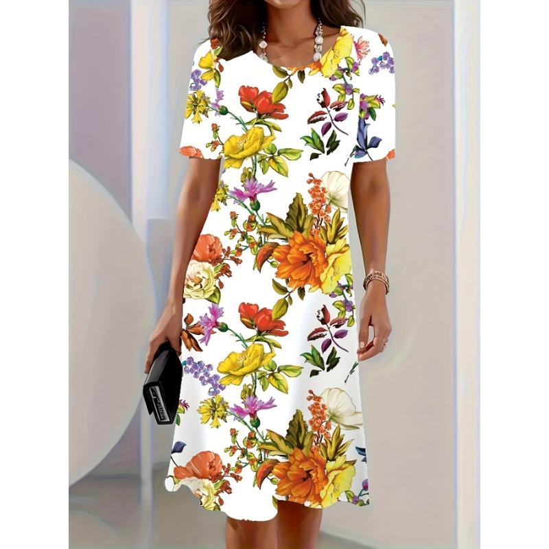 Plus Size, Plus Size Floral Digital Print Vacation Women's Round Neck Dress