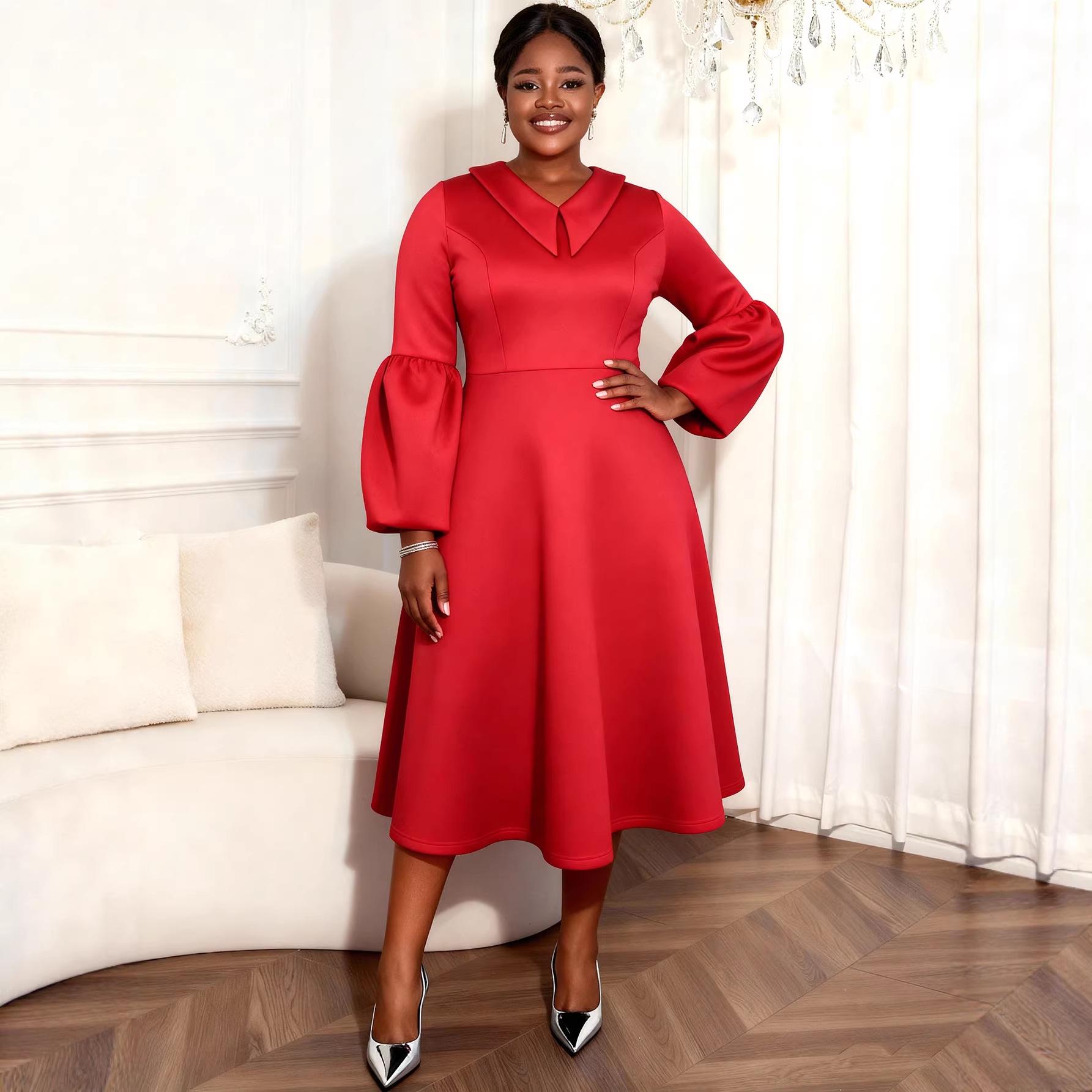 

Women s Plus Size Black Doll Collar Dress with Lantern Sleeves and Cinched Waist - Elegant Formal Wear 0XL червоний