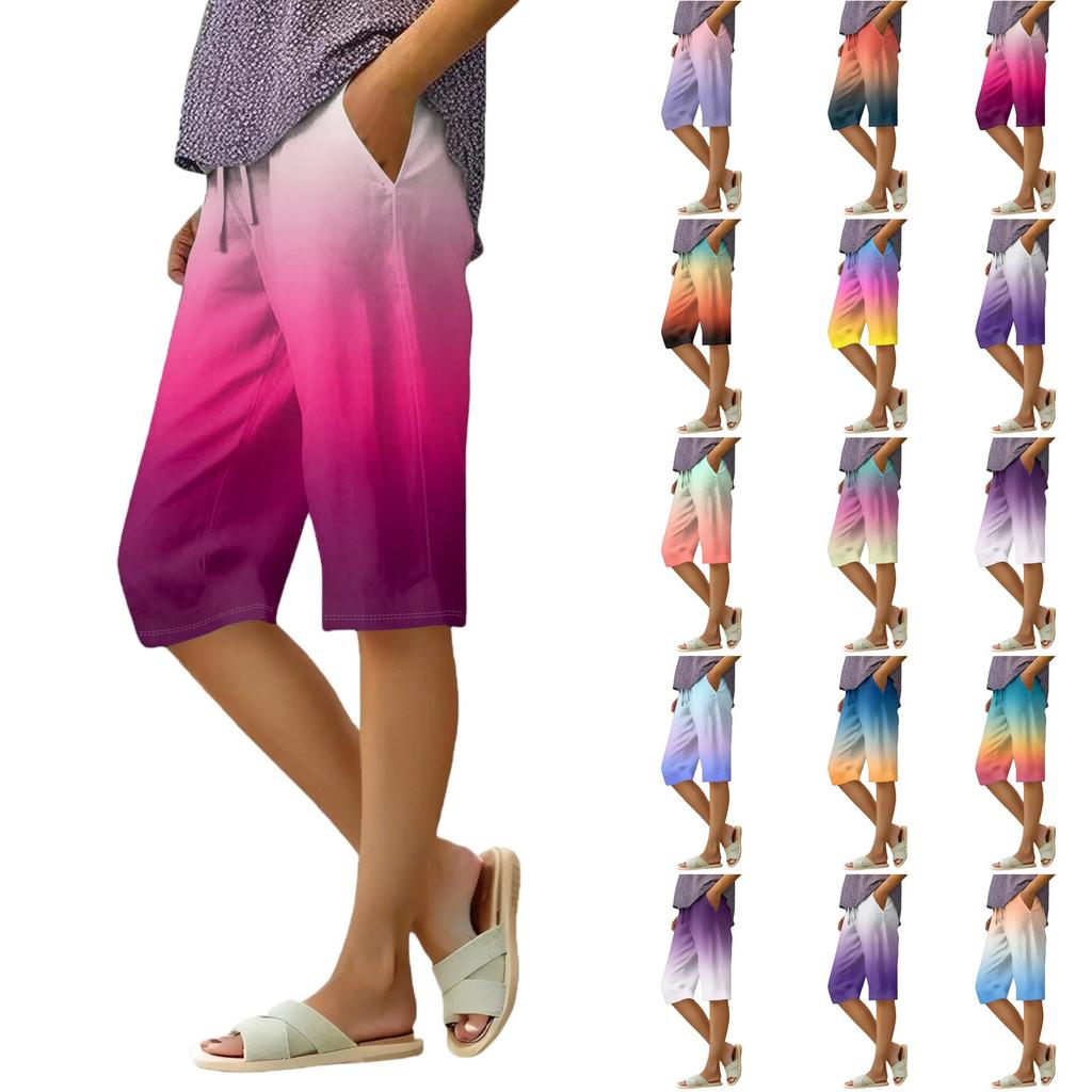 Women's Summer Elasticated Tie Waist Gradient Colour Cotton Linen Loose Shorts