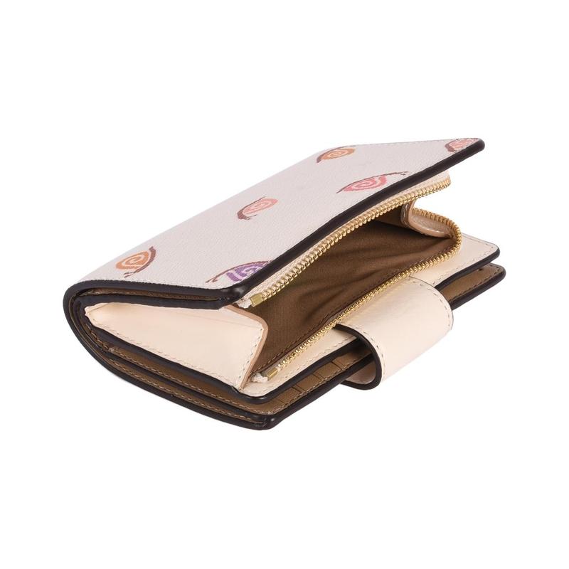COACH Corner Zip 13 Snail print multi-card slot snap closure Smooth leather and coated canvas Card holder wallet Women's Chalk White
