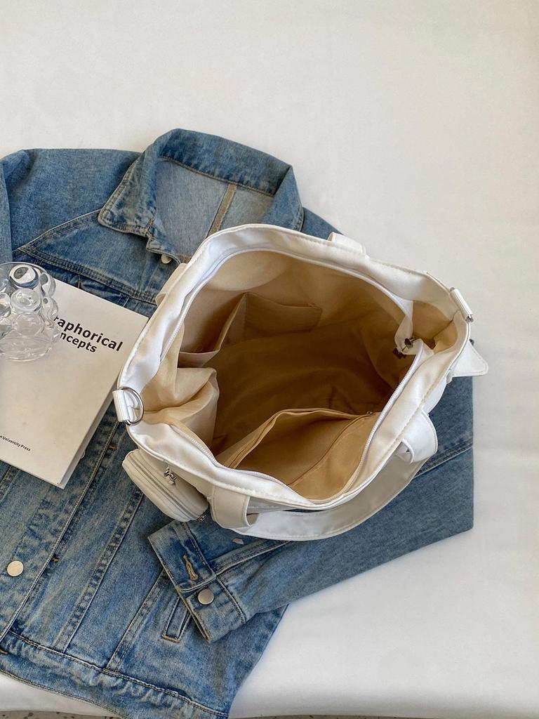 Japanese-Style Canvas Crossbody Bag: Double Pocket, Large Capacity, Women's Tote, Solid Color, Perfect for Students and Commuting.