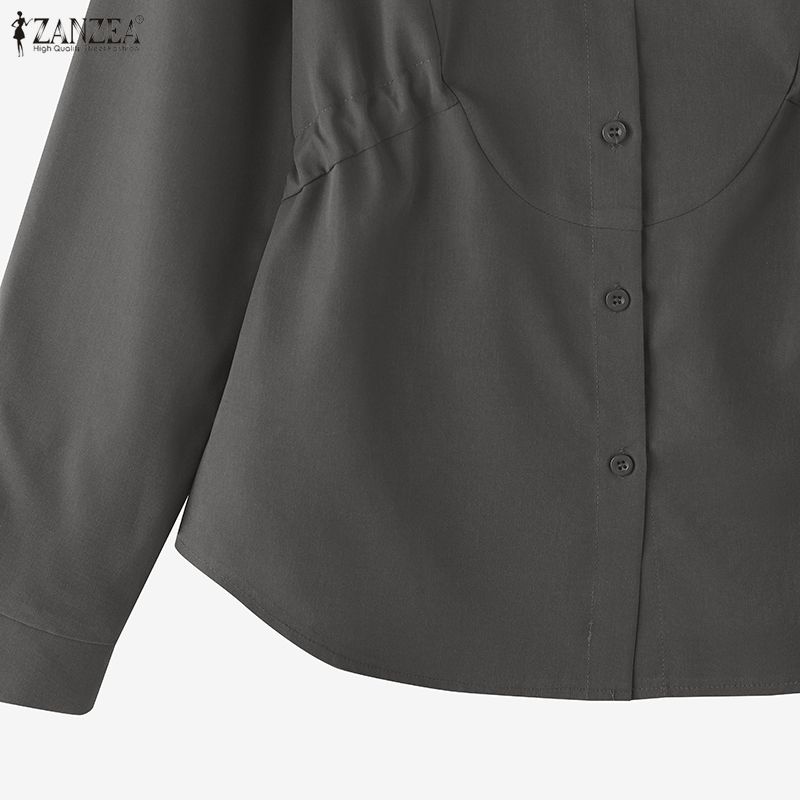 ZANZEA Women Casual Turn Down Collar Long Sleeve Plain Blouse