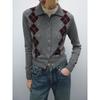 MD Women's Clothing New British College Style Diamond Pattern Short Wool Polo Collar Knitting Cardigan 05746639802