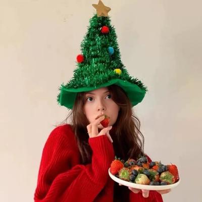 Christmas Tree Hat Soft Santa Hat Green Golden Ribbon Star Tiara Holiday Party Headwear Office Christmas Party Hat