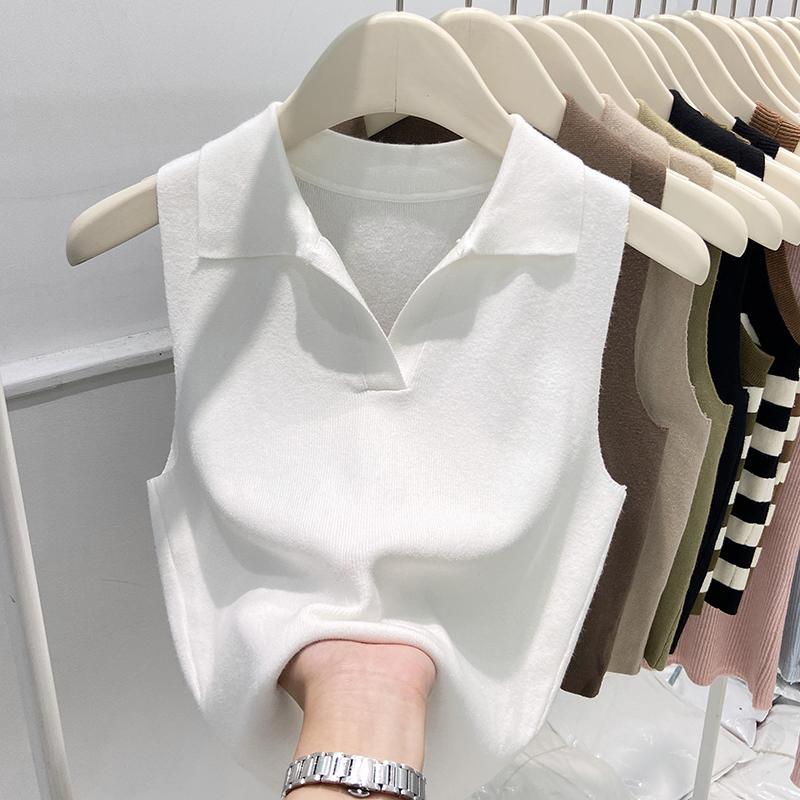 

Осенний Новый Корейский Вариант Вязаного Жилета Без Рукавов с Воротником Поло для Женщин Короткий Простой Повседневный и Универсальный Приталенный Топ S белый