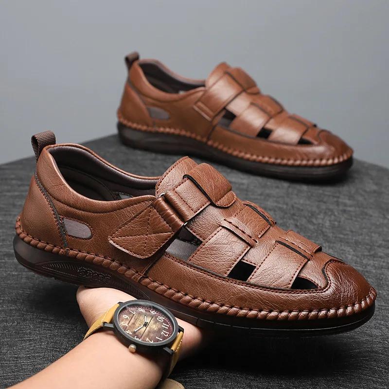 Genuine Leathe Summer Special Offer Men's Business Casual Hollow Work with Holes Leather Sandals Men's Work Hole Sandals