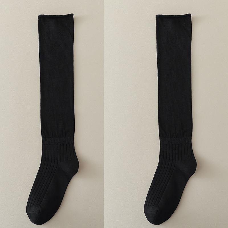 Female Spring and Autumn Pure Color Pure To Sweet Splicing Pleat Fold Wear Long Leg Socks