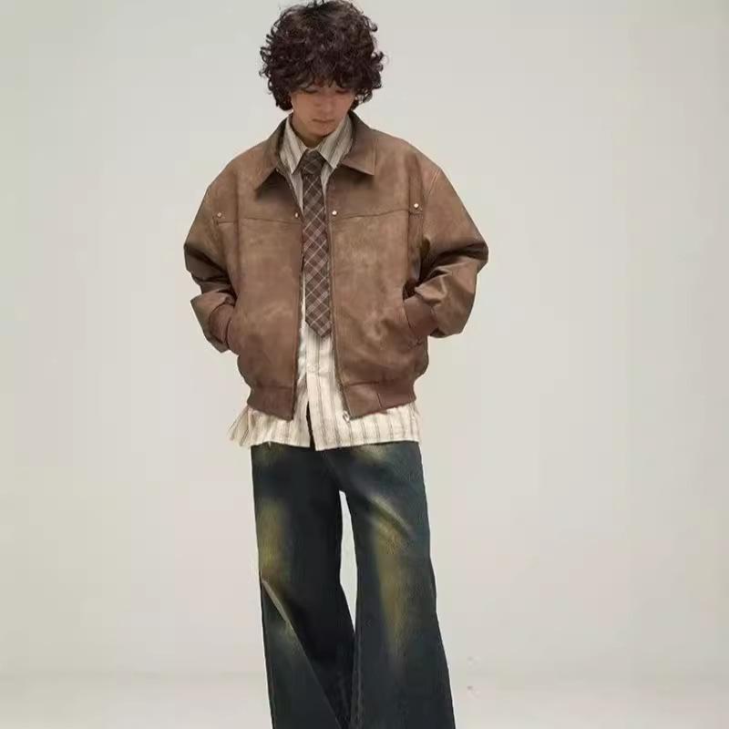 2023 Vintage Brown Distressed Leather Jacket for Men - Trendy Spring & Fall Fashion