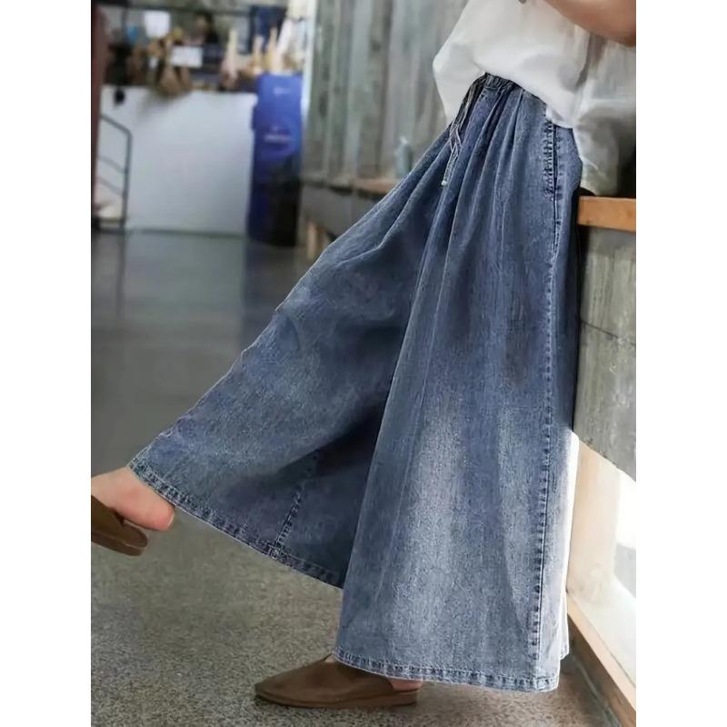 Damenjeans Schnürung Denim Weiter Bein Hosen Literarisch Retro Locker Lässig Gewaschene Hosen