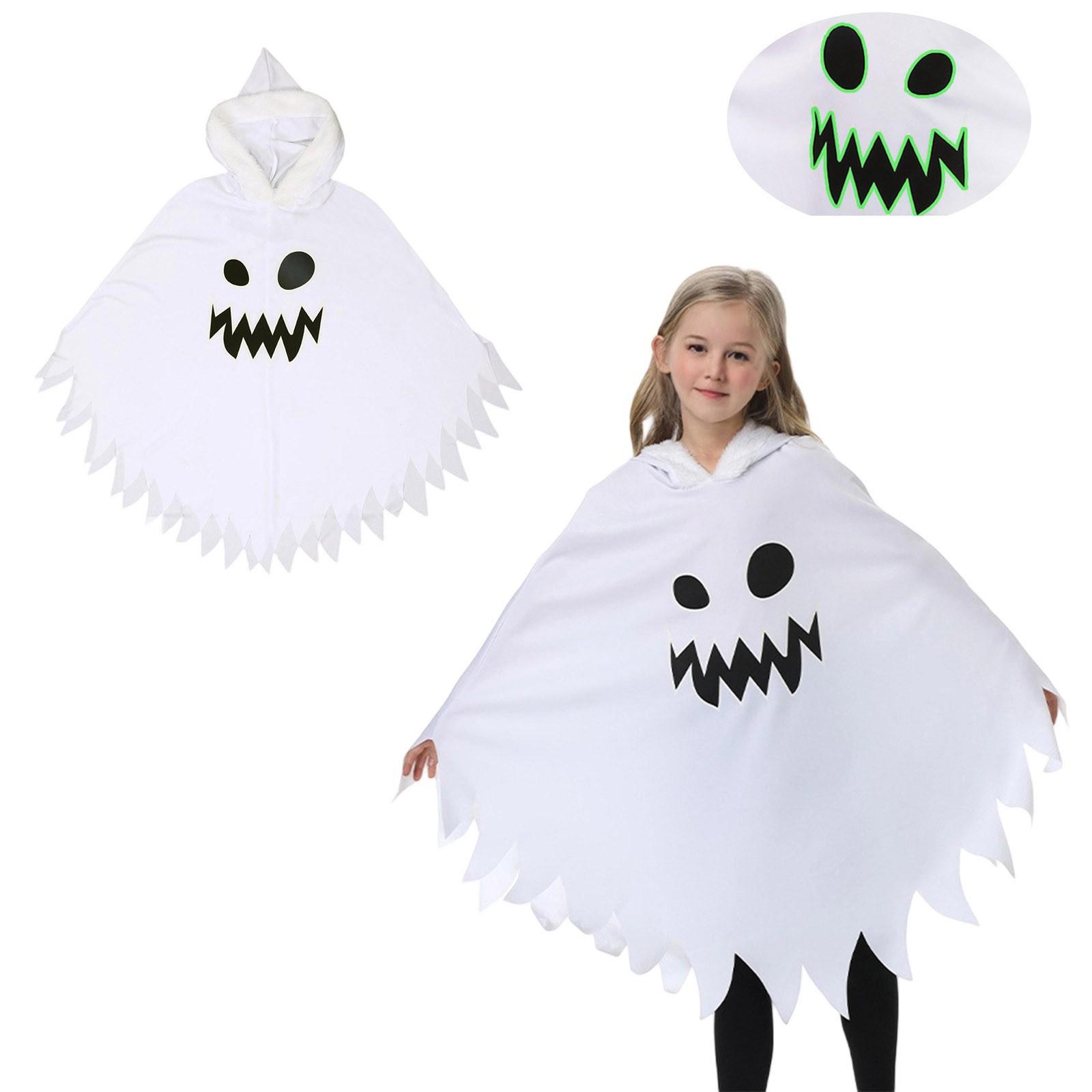 Kids Halloween Costume Glow In The Dark Cloak Hooded Cape Ghost Face Printed Halloween Party Dress Up Cape One Size