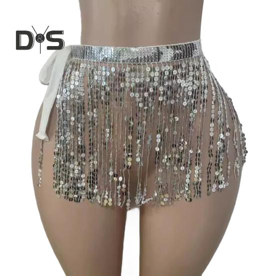 

Юбка с пайетками и кисточками, блестящая мини-юбка для танца живота, бахрома, шарф на бедра для рейв-фестиваля, клубная одежда, костюм для выступлений на вечеринке серебряный