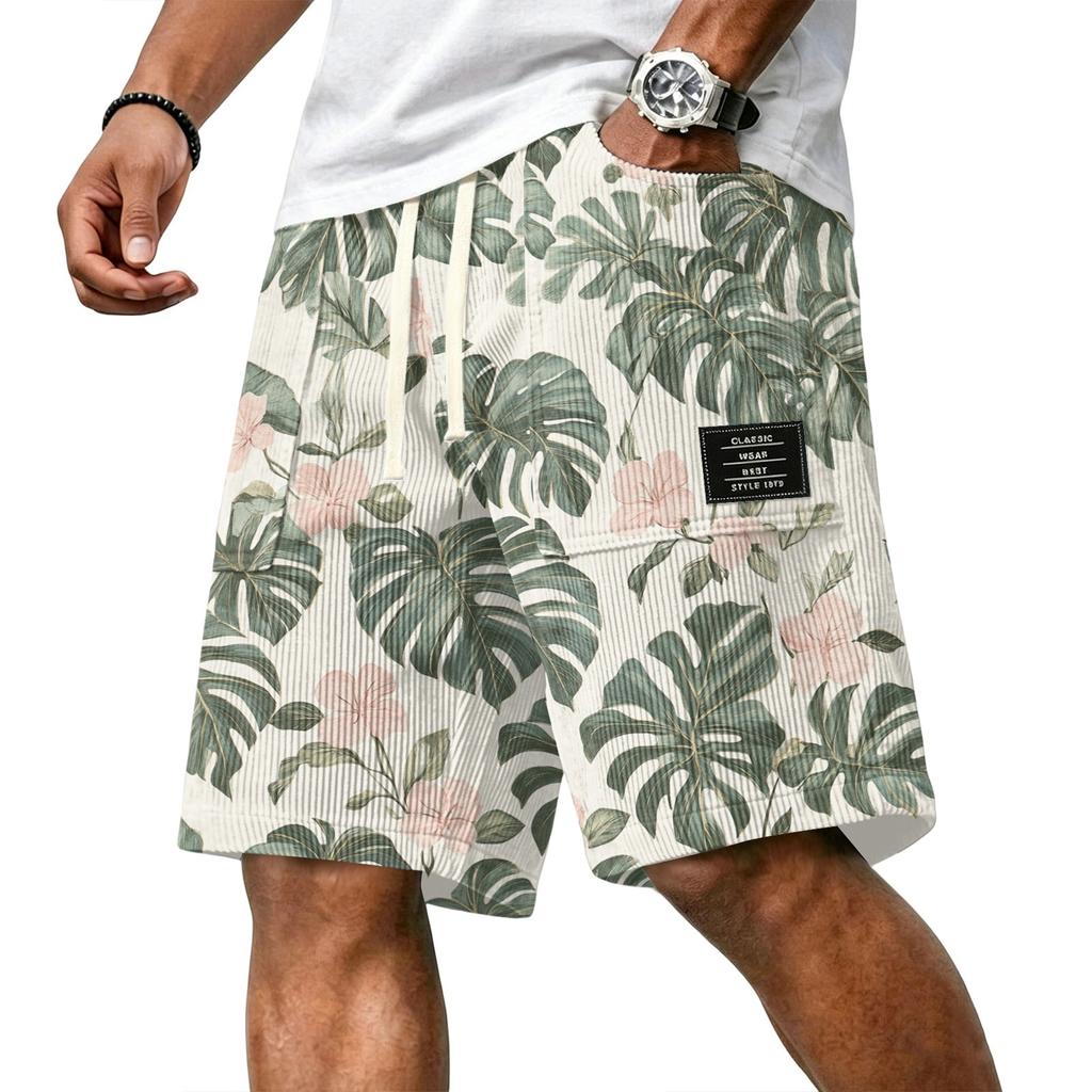 Men Corduroy Drawstring Shorts Casual Loose Fit Summer Turtle Print Elastic Waistband Classic Wear Patchwork Design