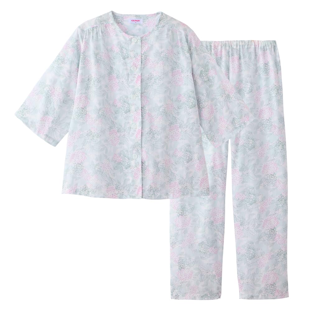 

sleeve long pants elastic leg sweat quick natural green [Gunze] Women s pajamas, 3/4 (with holes), 100% cotton, absorbent, drying, willow, women s, зелений