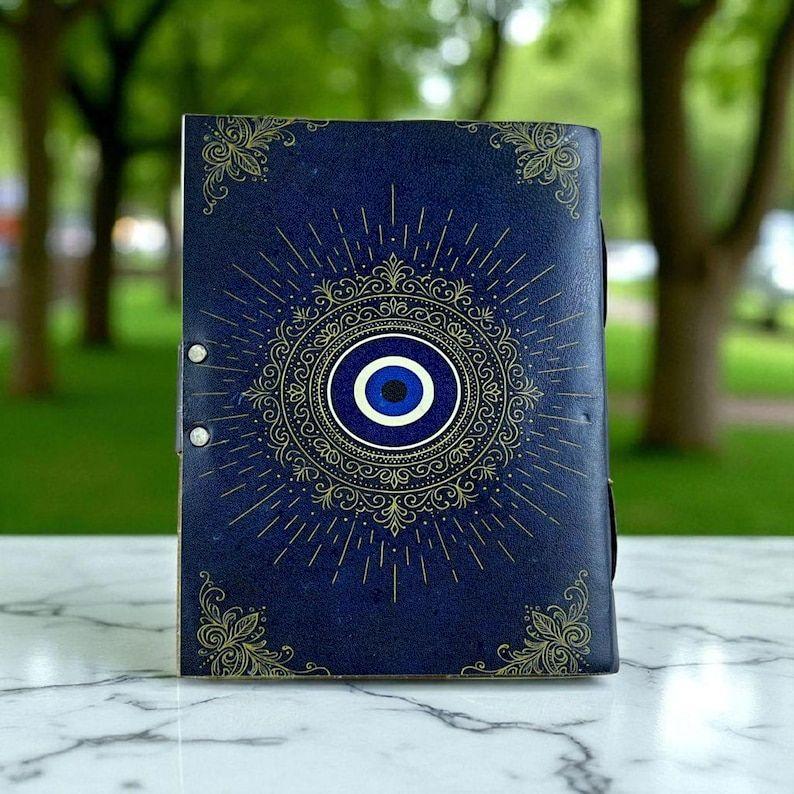 Handmade Evil Eye Leather Journal: Blue & Gold Book of Shadows
