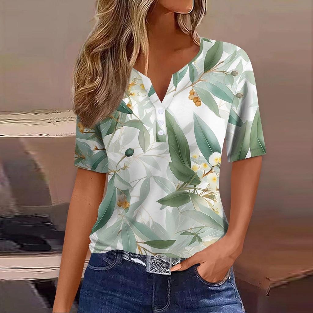 Women's T Shirt Print Button Short Sleeve Daily Weekend Fashion Basic V-Neck Regular Top