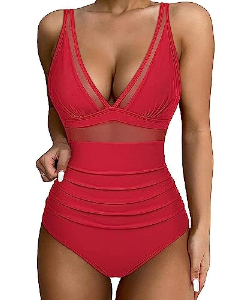 One-piece Swimsuit Sexy Hollow Mesh Deep V Gathering Perspective Bikini Swimsuit