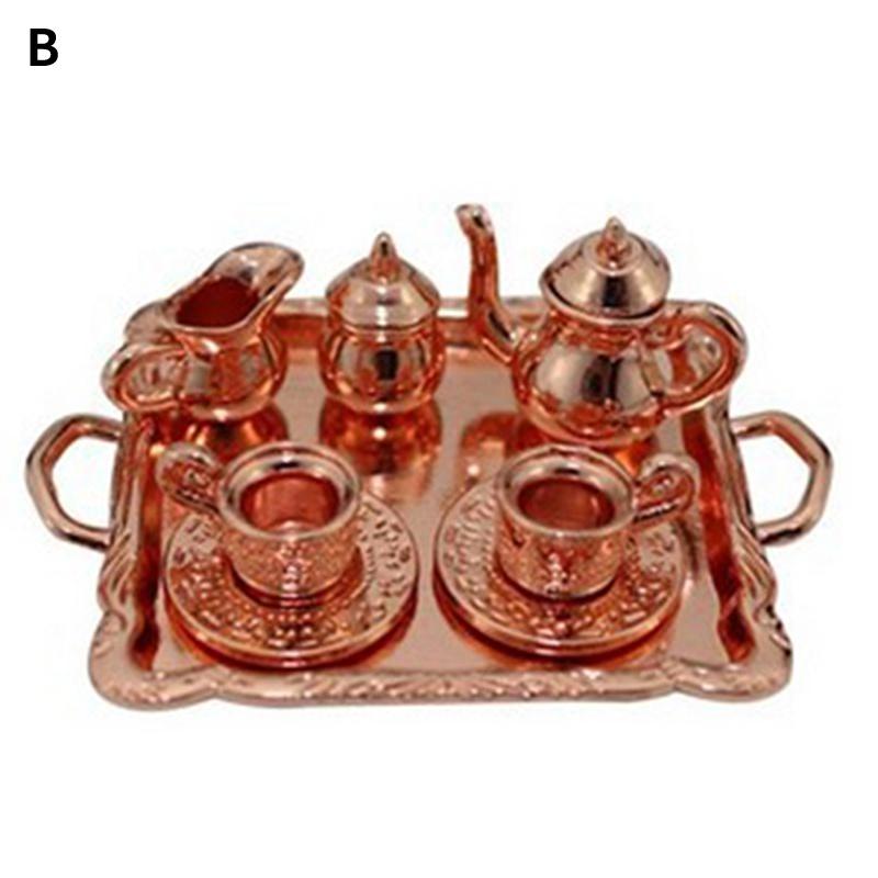 10Pcs/set Doll House Miniature Metal Tea Doll House Furniture Miniature Dining Ware Toy Teapot Cup Plate