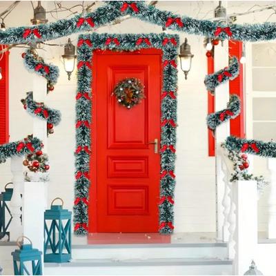 3/5pcs Vintage-Inspired Tinsel Garland with Red Bows - Dazzling Metallic Indoor and Outdoor Decoration for Christmas Tree