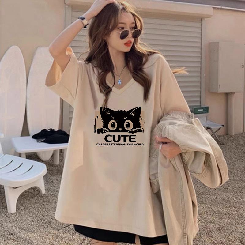 American Retro Hot Girl Top 2024 New plus Size Pure Cotton V-ne T-irt Women's INS Summer round Ne Casual ort Sve