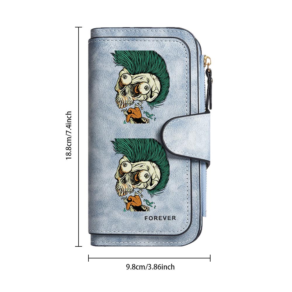 Gothic Skull Print Long Wallet Bifold Card Holder PU Leather Purse For Daily Use