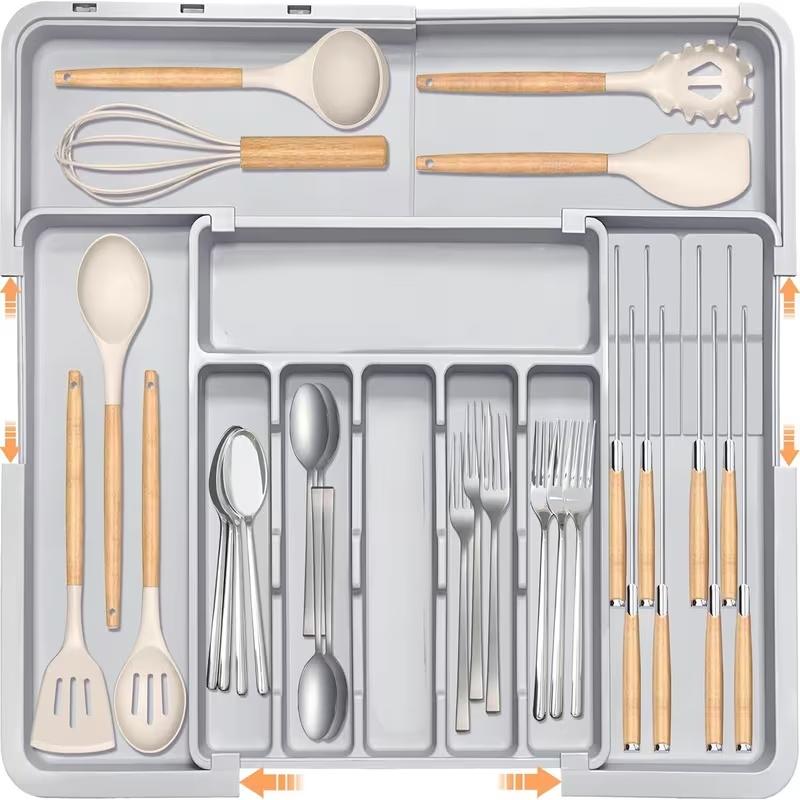 9-Compartment Expandable Cutlery Organizer| Large-Capacity Plastic Drawer Tray for Forks, Spoons, and Kitchen Utensils