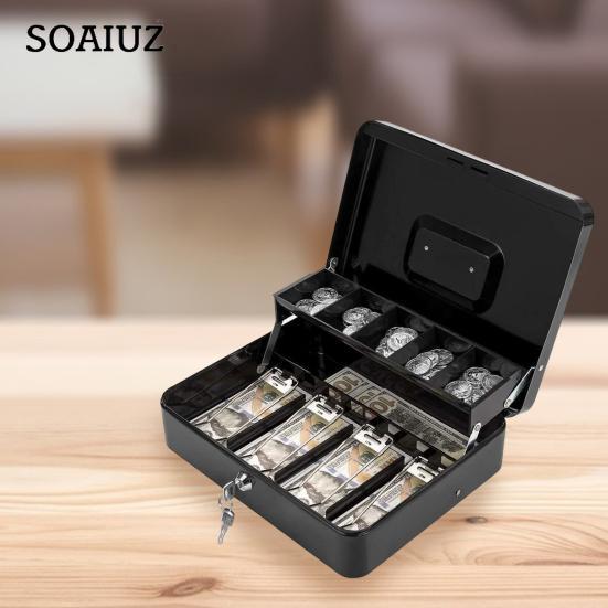 Cash Storage Box with Lock 2 Keys Metal Money Box with Cash Tray Large Capacity Multi-compartments Portable Lock Safe Box