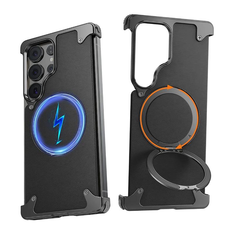 Eary Leather Phone Case for Samsung Galaxy S25 Ultra Magnetic with 360° Rotate Stand Metal Frameless Shockproof Protector Cover