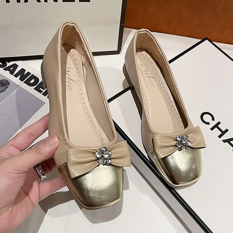 Soft-soled foreign-style single shoes women's spring and summer new fairy versatile shallow-mouth bow Doudou shoes square head flat-soled women's s