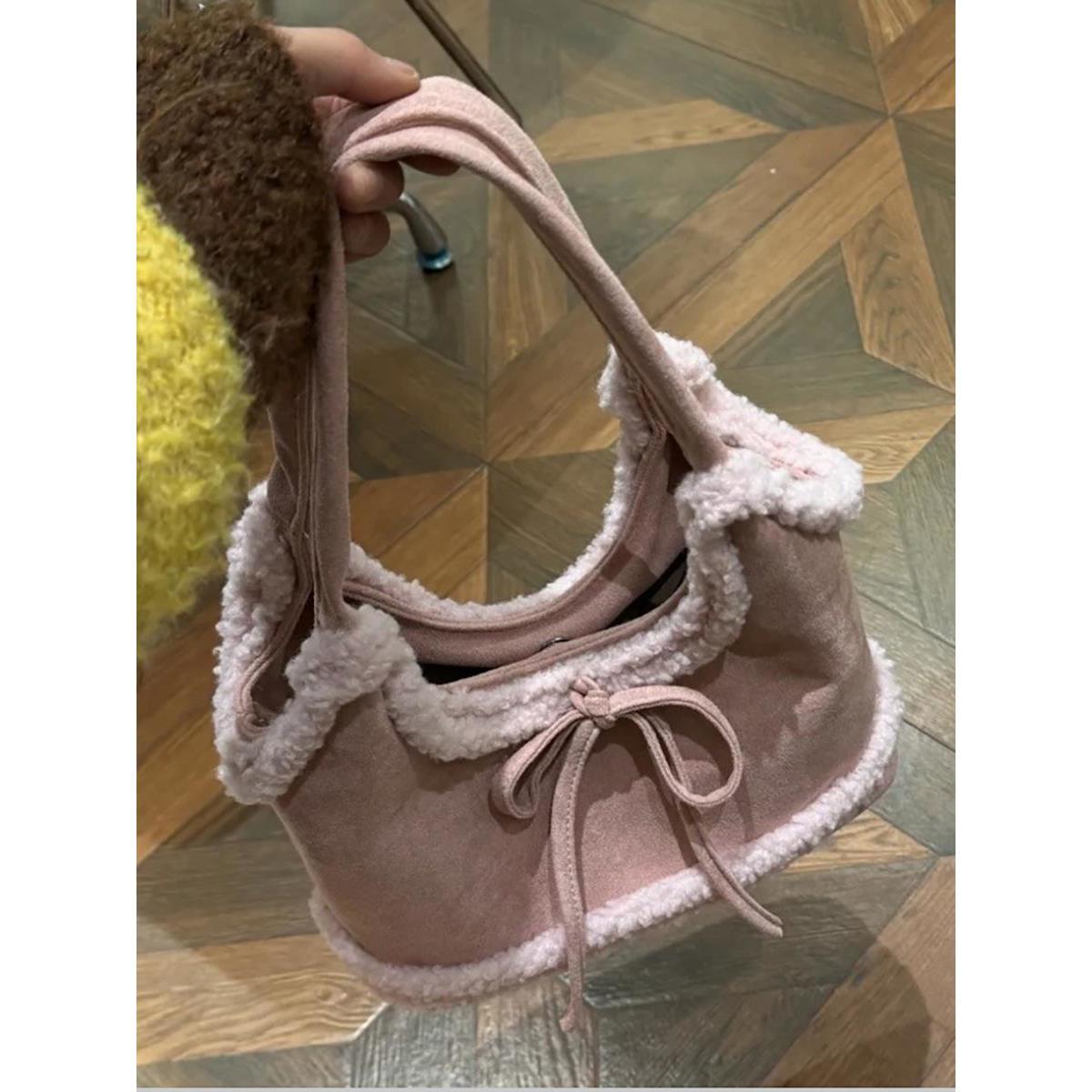 Retro Faux Lambswool Bow Tote Bag Women Autumn Winter New Large Capacity Shoulder Bag Ladies Sweet Cute Solid Color Underarm Bag 32x18x16cm розовый