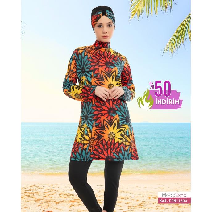 Blue Set Muslim Women Decent Branches Floral Print Seaside Swimwear Full Coverage Swimsuit Beachwear Burkini Swimsuit Set (Without Hijab)