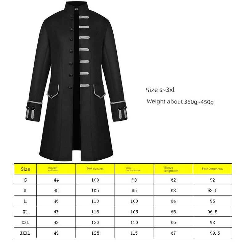 2021 New Foreign Trade European and American Men's Coat, Solid Color Fashion Steampunk Retro Men's Uniform with Stand Collar