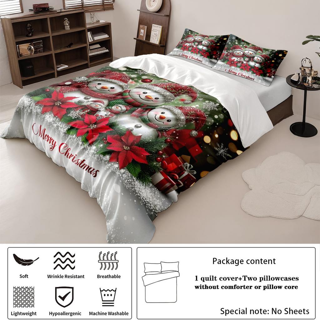 3pcs Christmas Snowman Print Coreless Duvet Set, Multi Size Bedroom Dormitory Holiday Bedding Decoration, Machine Washable