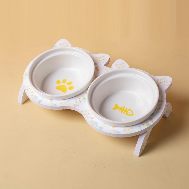 3pcs/set (1pc rack + 2pcs bowl) Non-Slip Ceramic Double Pet Food Bowl for Cats and Dogs - Prevents Spills and Slips