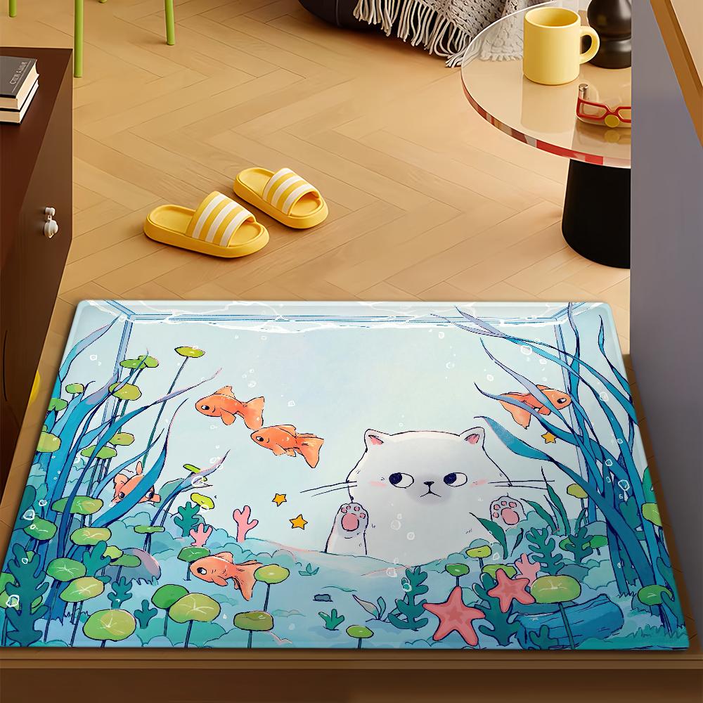 Fish Cat Cute Kawaii Door Mat Bath Microfiber Decorative Versatile Flannel Floor Mat Quick Dry Absorbent Non-slip Sole