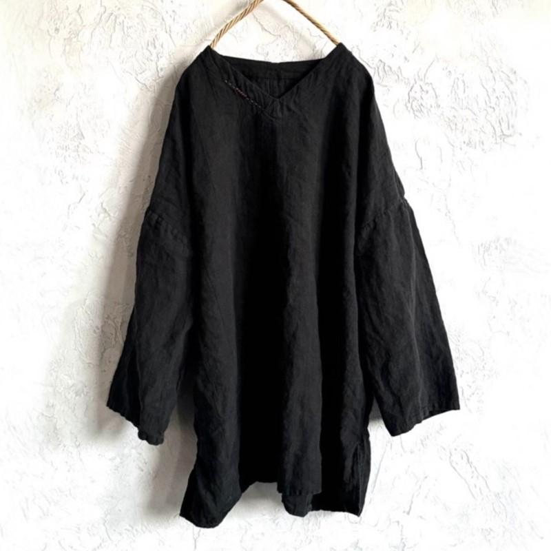 

Johnature Women Vintage Embroidery T-Shirts V-Neck Long Sleeve Spring Solid Color Women Loose Long T-Shirts One Size