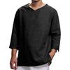 Men's Three-Quarter Sleeve V-Neck Cotton Linen Loose Fit Casual Shirt